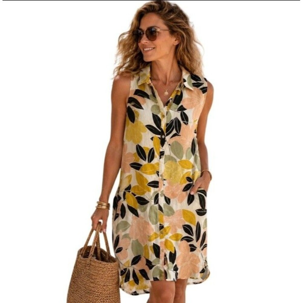 Rachel Zoe Women's Linen Floral Shift Dress Pockets 2X Plus XXL